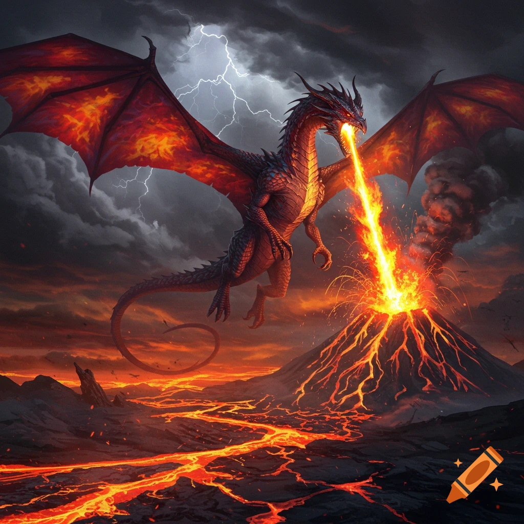 A dragon breathes fire into an erupting volcano, surrounded by lava rivers under a stormy sky with lightning.