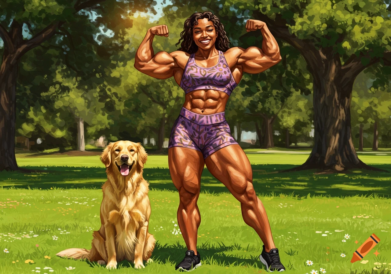 A buff woman in a purple athletic outfit flexes her muscles in a park next to a sitting golden retriever.