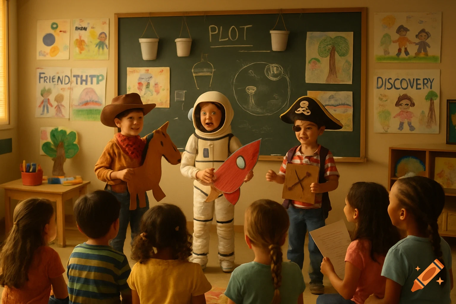 Three children in costumes (cowboy, astronaut, pirate) present to other children in a classroom setting, with drawings and a blackboard in the background.