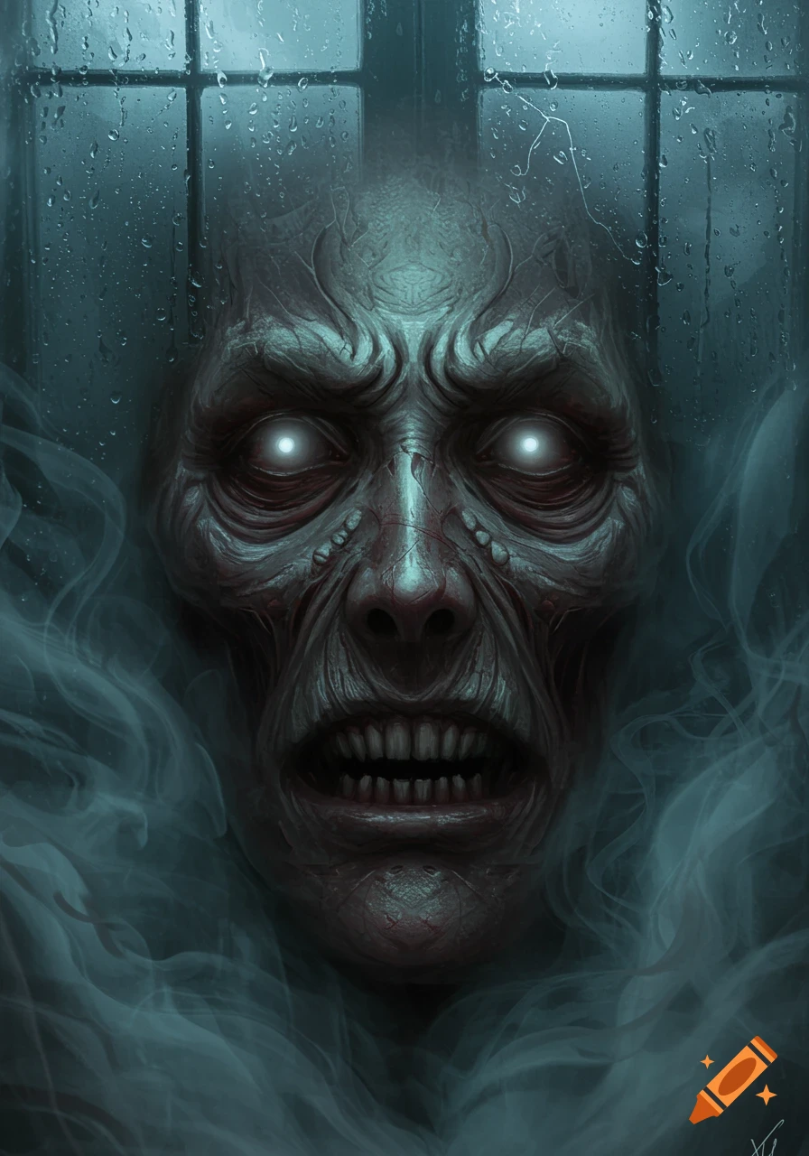 A terrifying, pale monster with glowing white eyes and sharp teeth looks out from behind a rain-streaked window, surrounded by eerie mist in a dark, detailed art style.