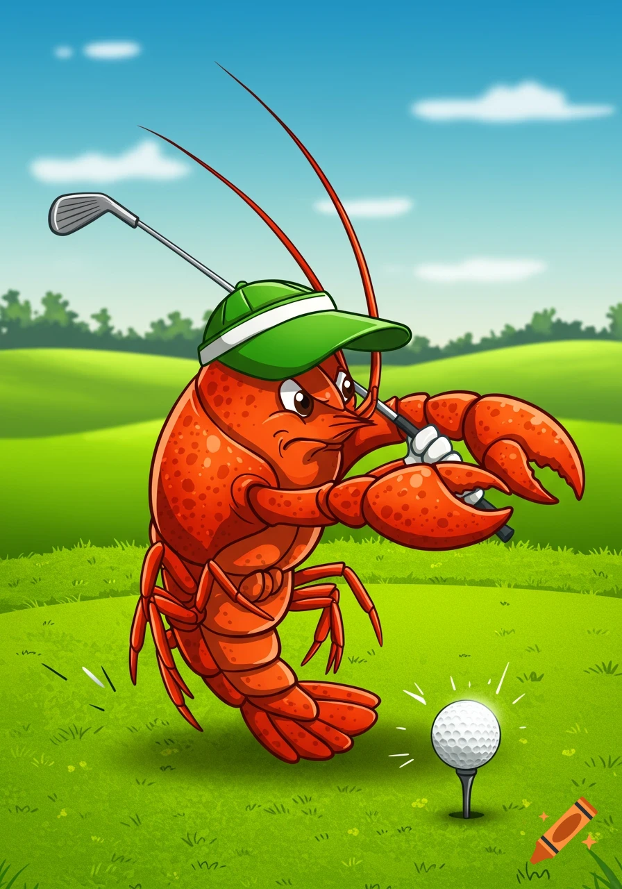 Cartoon lobster wearing a green golf visor and white golf glove swinging a golf club at a golf ball on a green course.