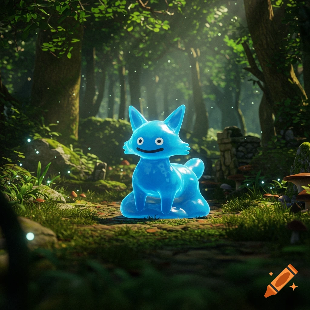 A luminous blue slime fox creature sits on a mossy path in a magical, sun-dappled forest.