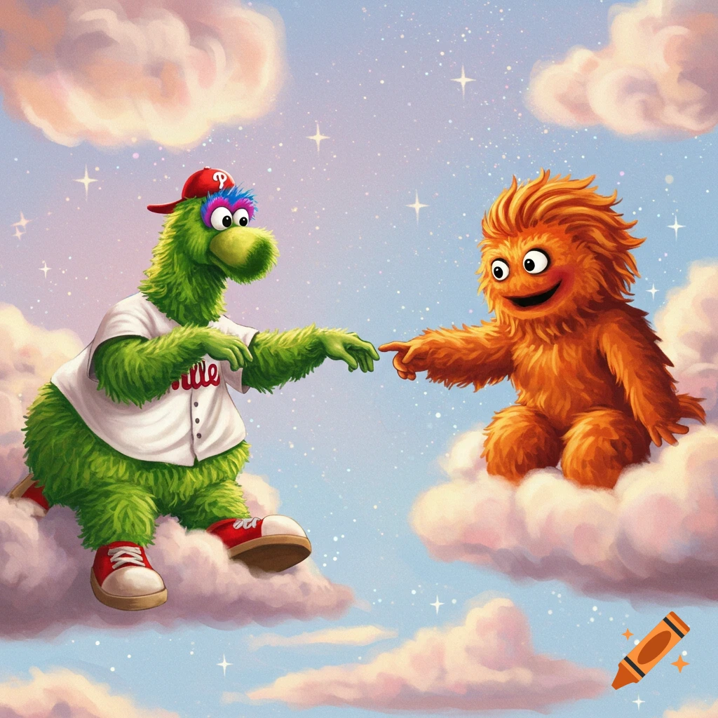 Phillie Phanatic and Gritty as Adam and God, reaching fingers on clouds in a starry sky.