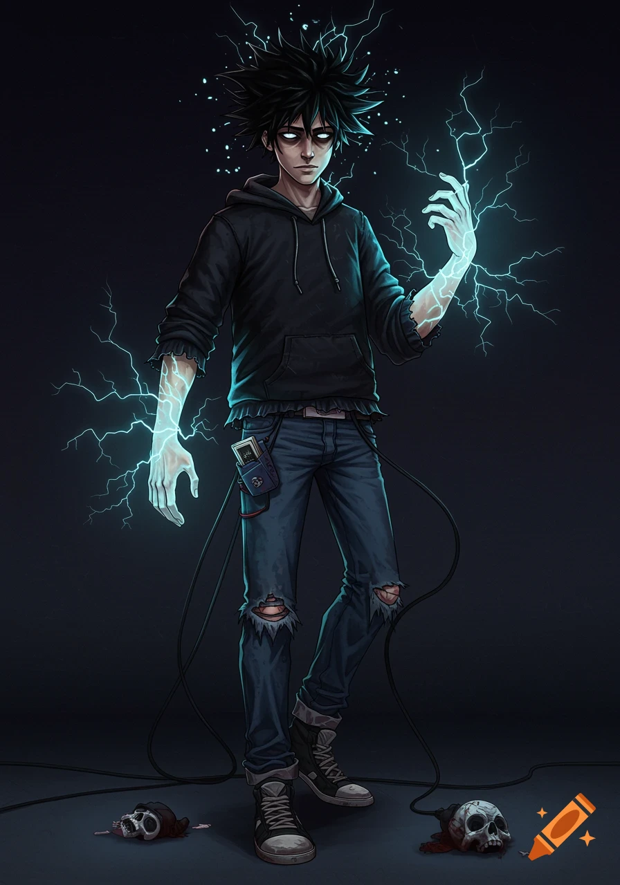 An anime-style young man in a black hoodie and ripped jeans crackles with blue electricity, surrounded by skulls.