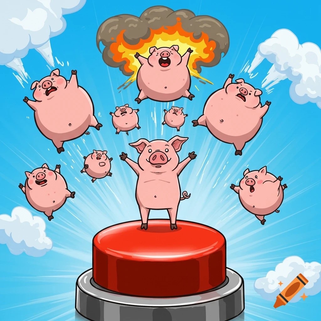 Cartoon pig on a red button, making many other cartoon pigs fly into the air with explosions and clouds.