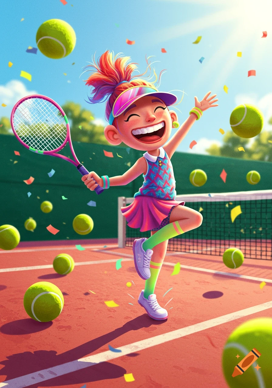 Vibrant cartoon illustration of a joyful girl leaping on a tennis court, holding a racket, with tennis balls and confetti flying around.