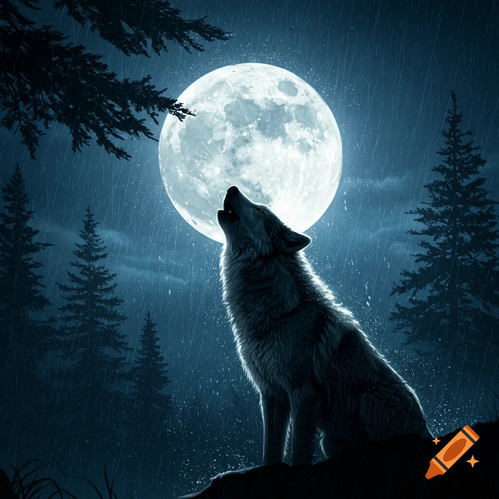 A wolf howls at a large full moon during a rainy night in a forest.