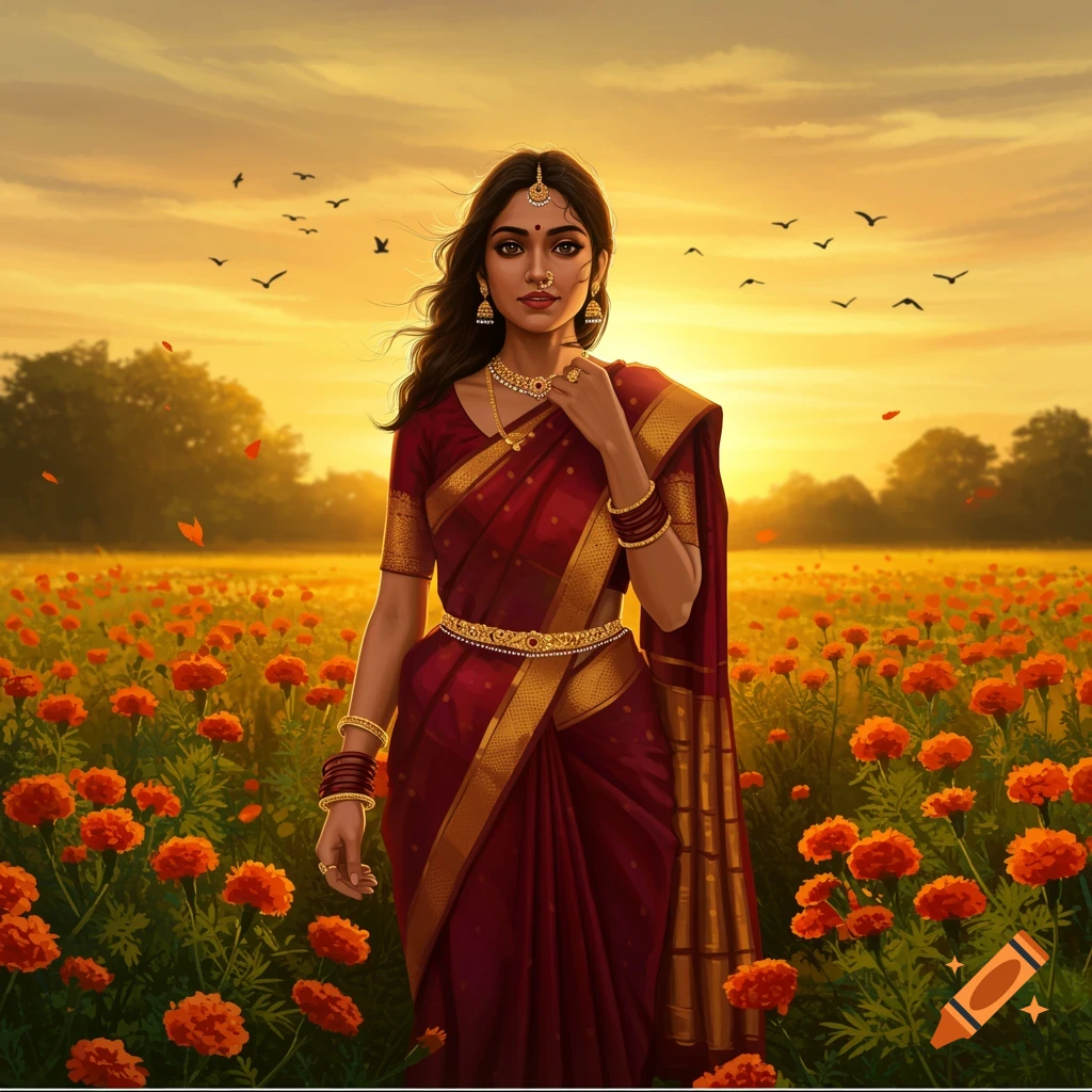 A digital art illustration of an Indian woman in a red and gold saree, standing in a field of orange flowers at sunset.