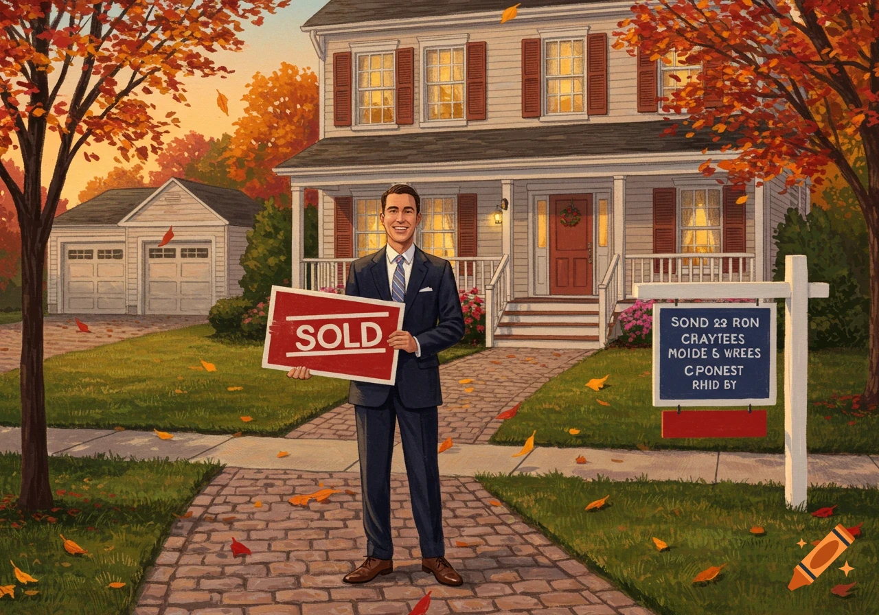An illustrated man in a suit holds a 'SOLD' sign in front of a two-story house with a garage, surrounded by autumn trees and fallen leaves.