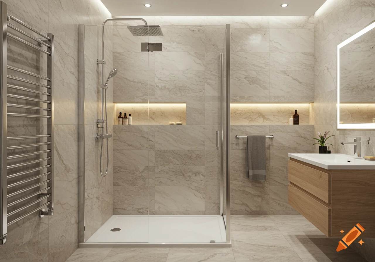 A modern luxury bathroom featuring a walk-in shower with marble-effect tiles, a wooden vanity, and a backlit mirror, in a photorealistic style.