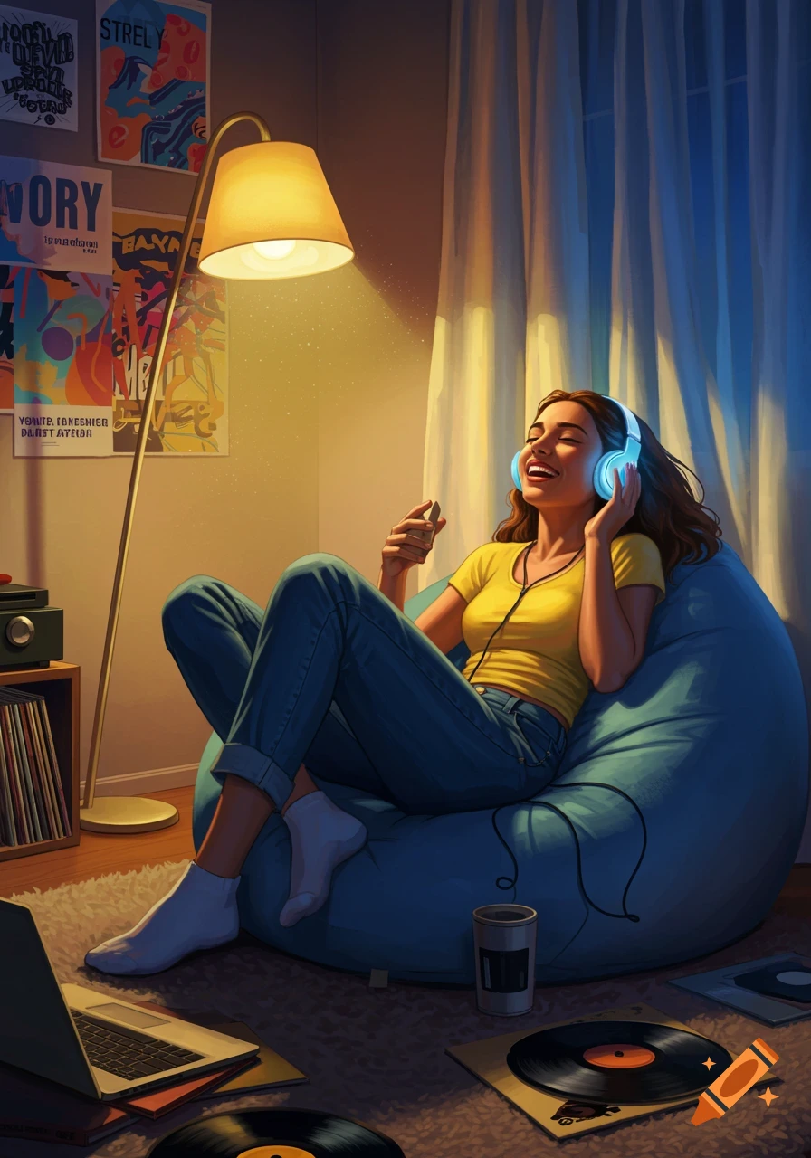 A young woman wearing glowing blue headphones relaxes on a bean bag chair in a cozy room, smiling and listening to music. Posters and records adorn the space.