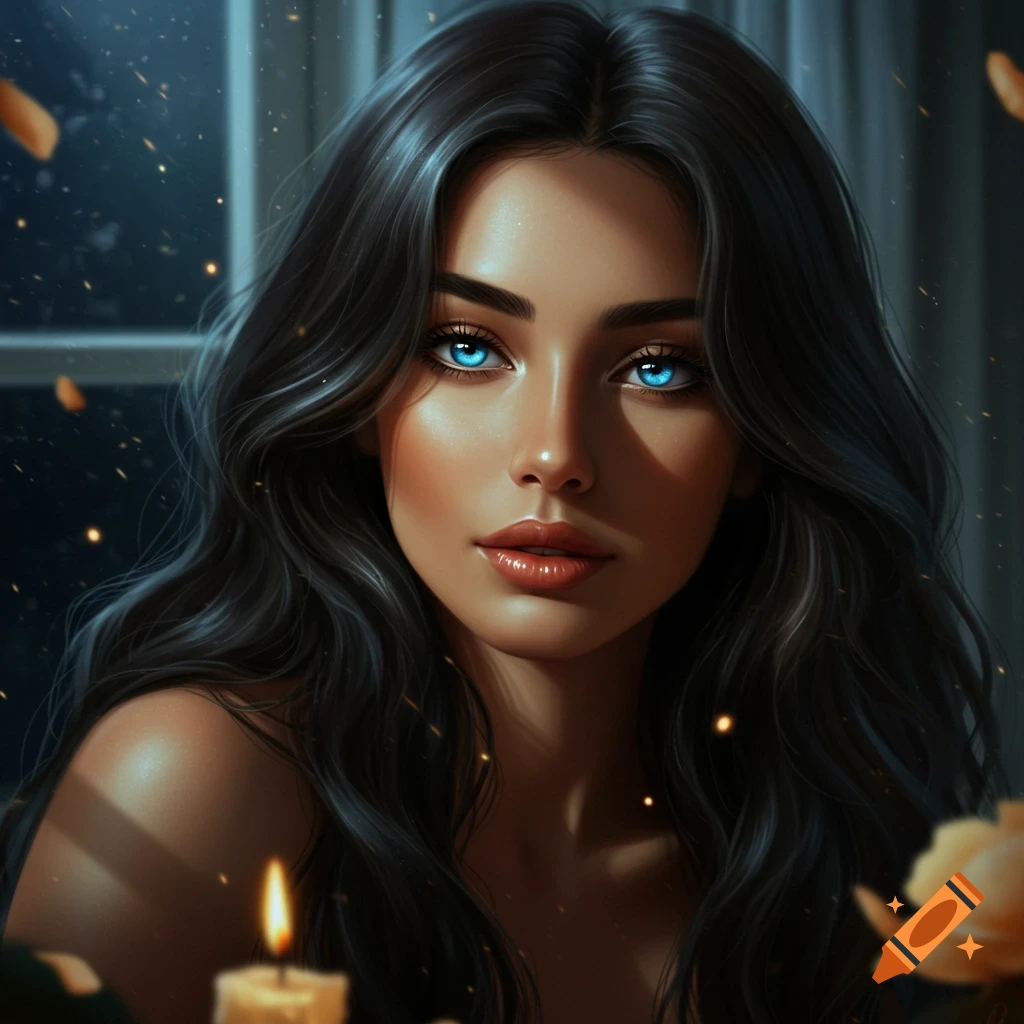 A close-up portrait of a woman with long dark hair and striking bright blue eyes, illuminated by a warm light.