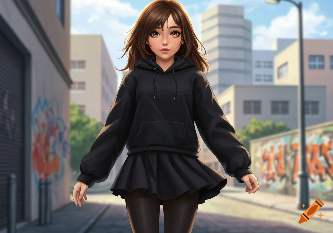 An anime-style girl with brown hair and heterochromia, wearing a black hoodie, skirt, and leggings, walks down a city street with graffiti-covered walls.