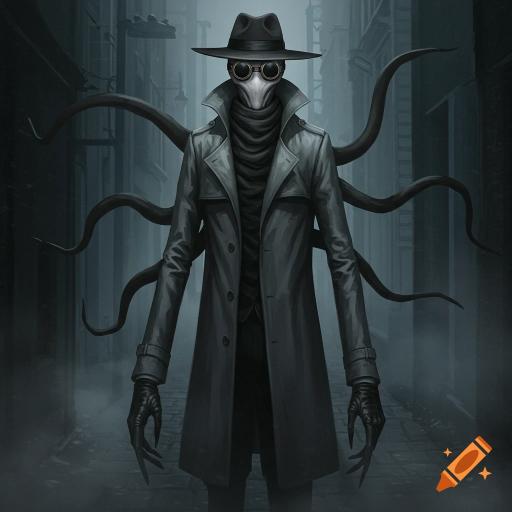 A creepy, slender figure resembling a plague doctor with goggles, a fedora, and a trench coat stands in a dark, foggy alley with tentacle-like arms emerging from its back.