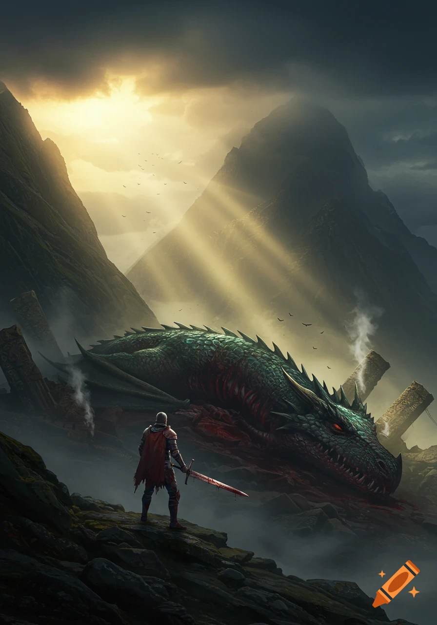 A lone knight with a bloody sword stands before a massive, defeated green dragon in a misty mountain valley, illuminated by sun rays.