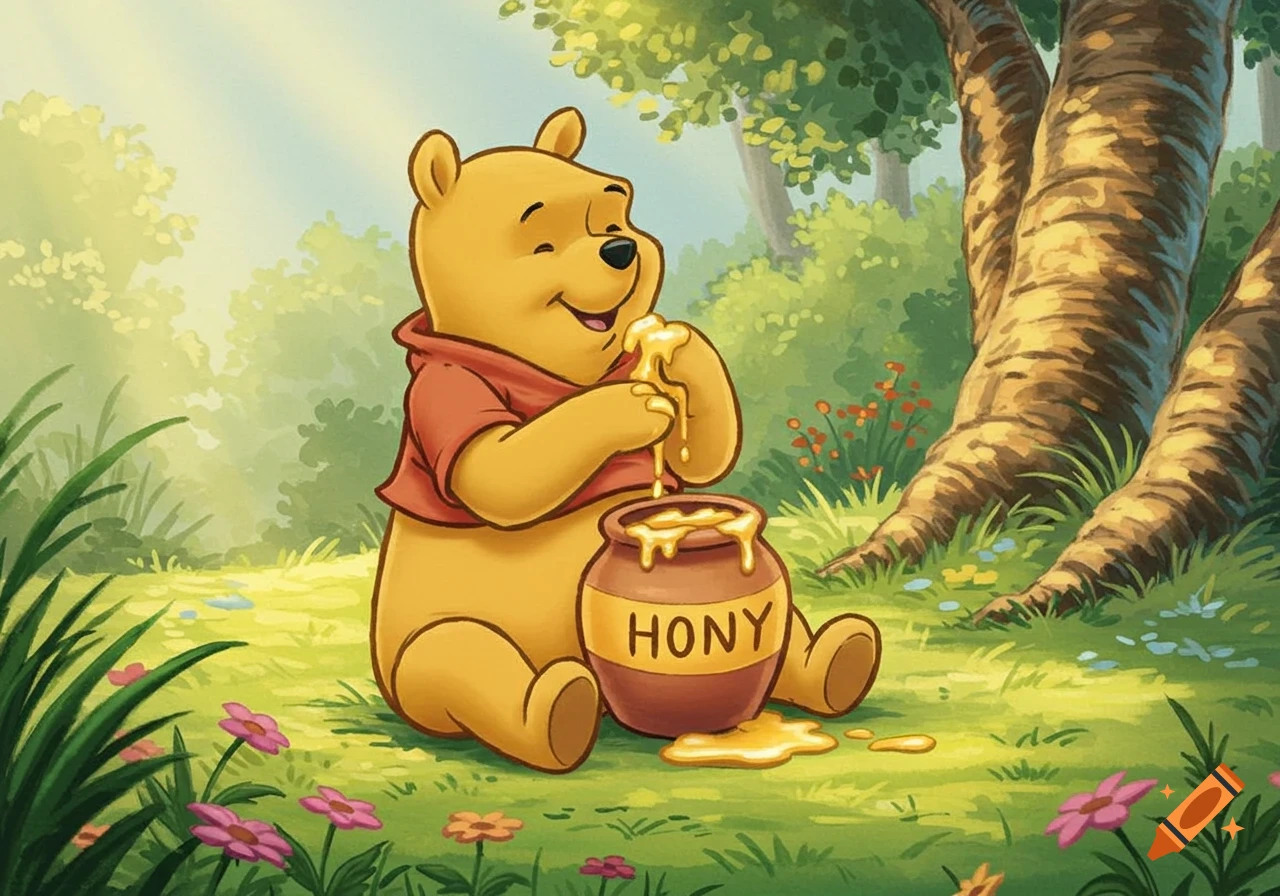 Cartoon Winnie the Pooh sitting in a green forest, happily licking honey from his hand while holding a pot of honey.