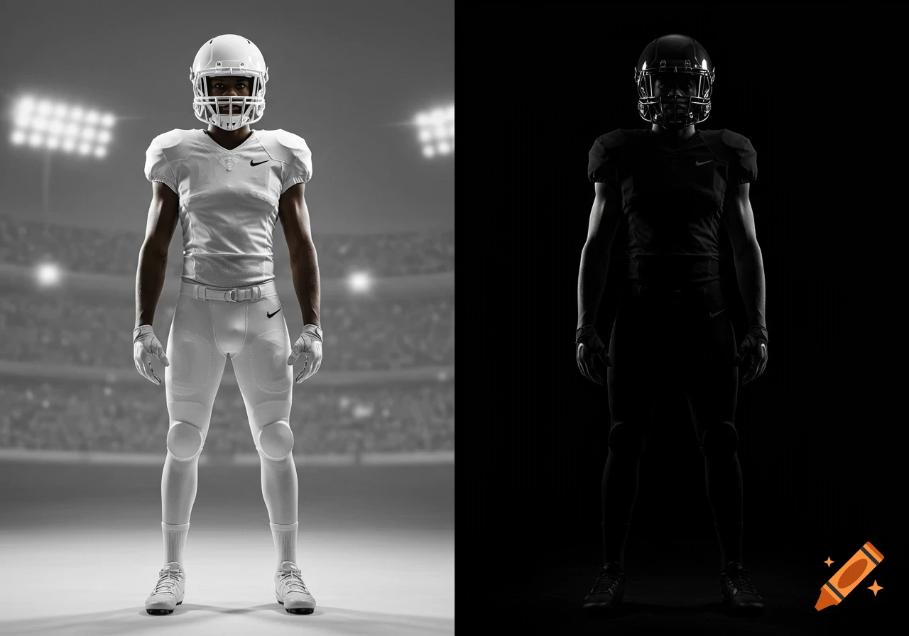 Two football players, one in white uniform against a stadium background and one in black uniform against a black background.
