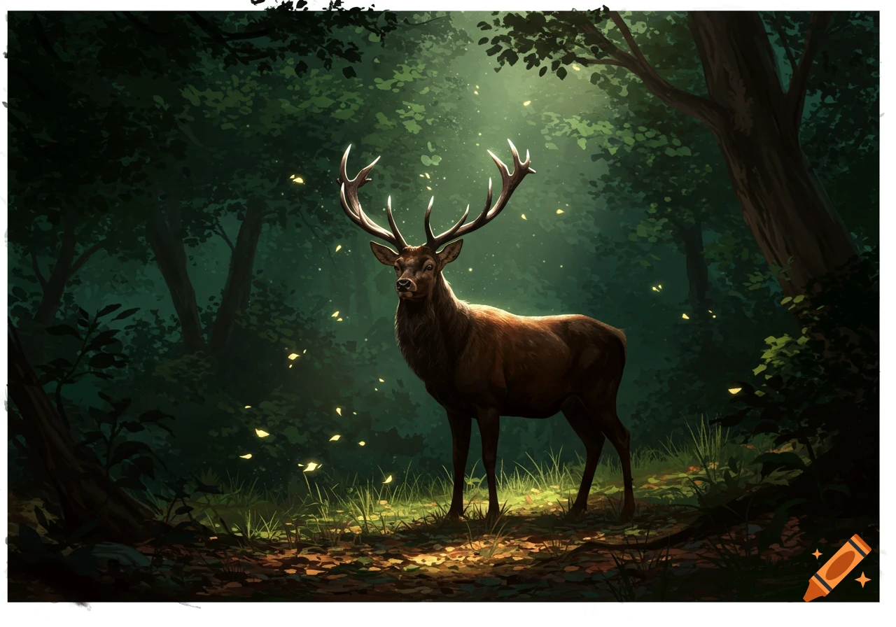 A majestic brown deer with large antlers stands in a dark, magical forest with glowing lights.
