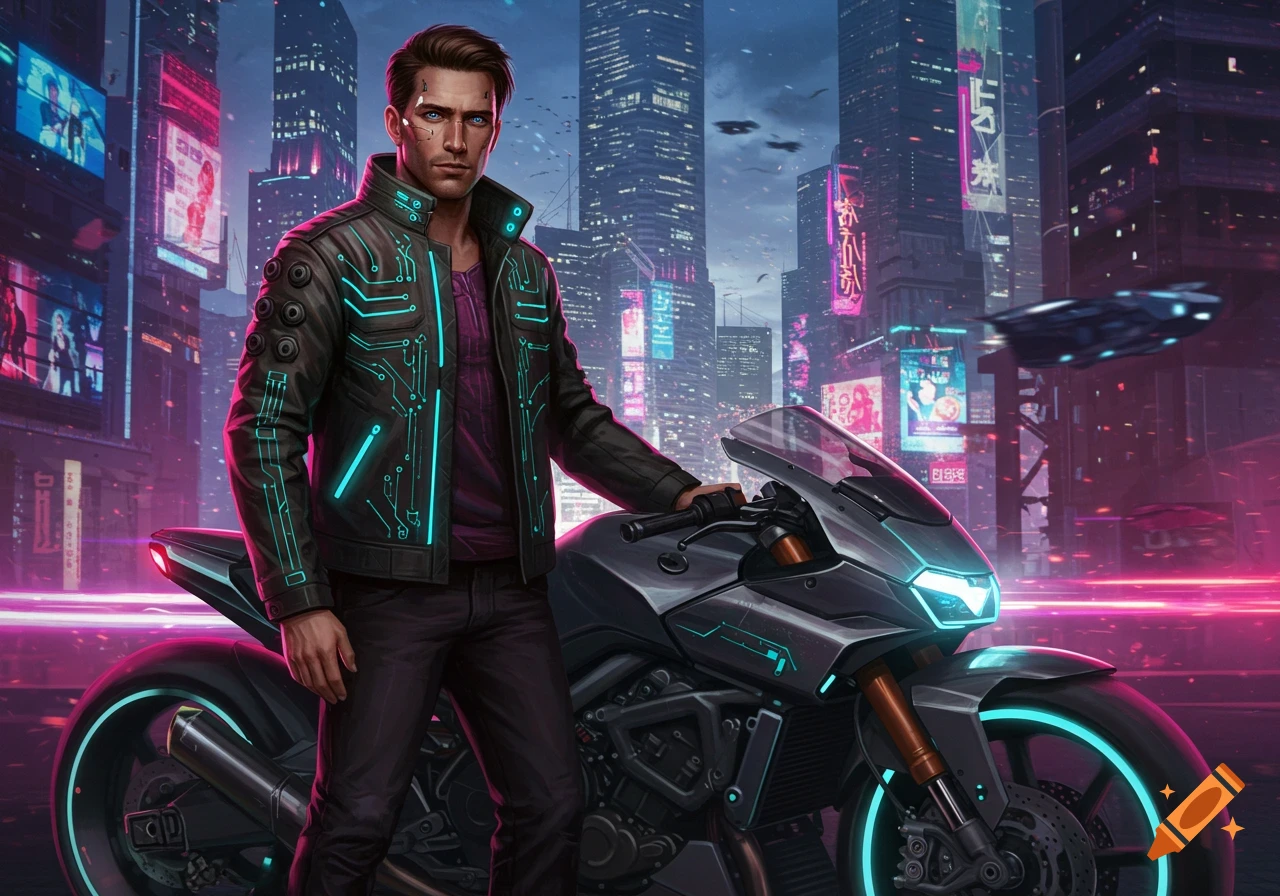 A man in a glowing circuit-patterned jacket stands beside a futuristic motorcycle in a neon-lit cyberpunk city at night.