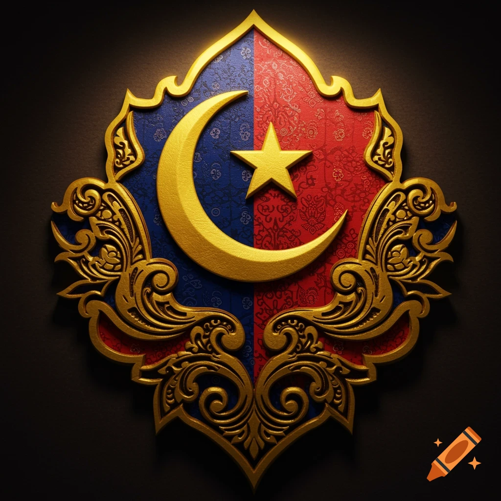 Ornate golden crest featuring a crescent moon and star on a split red and blue background with intricate patterns.