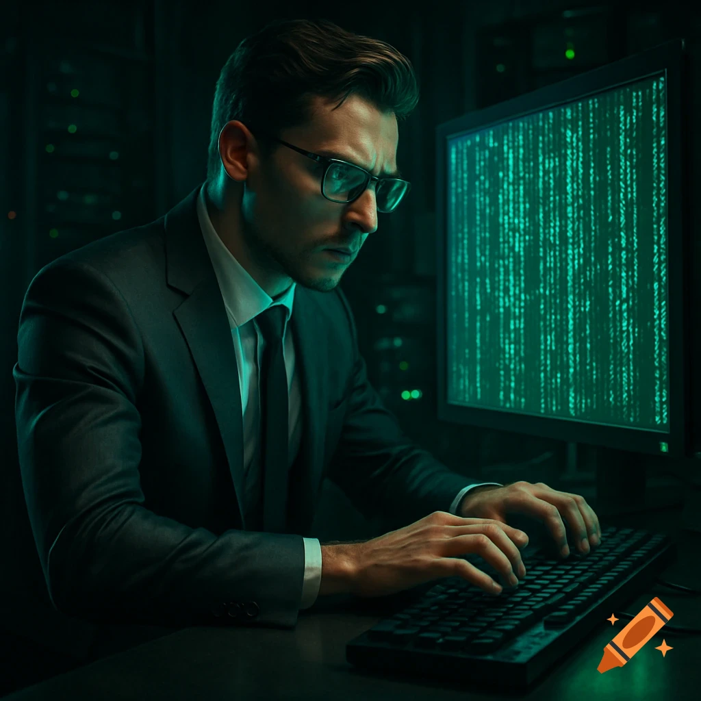 A man in a suit and glasses types on a keyboard, viewing green matrix code on a monitor in a dark server room.