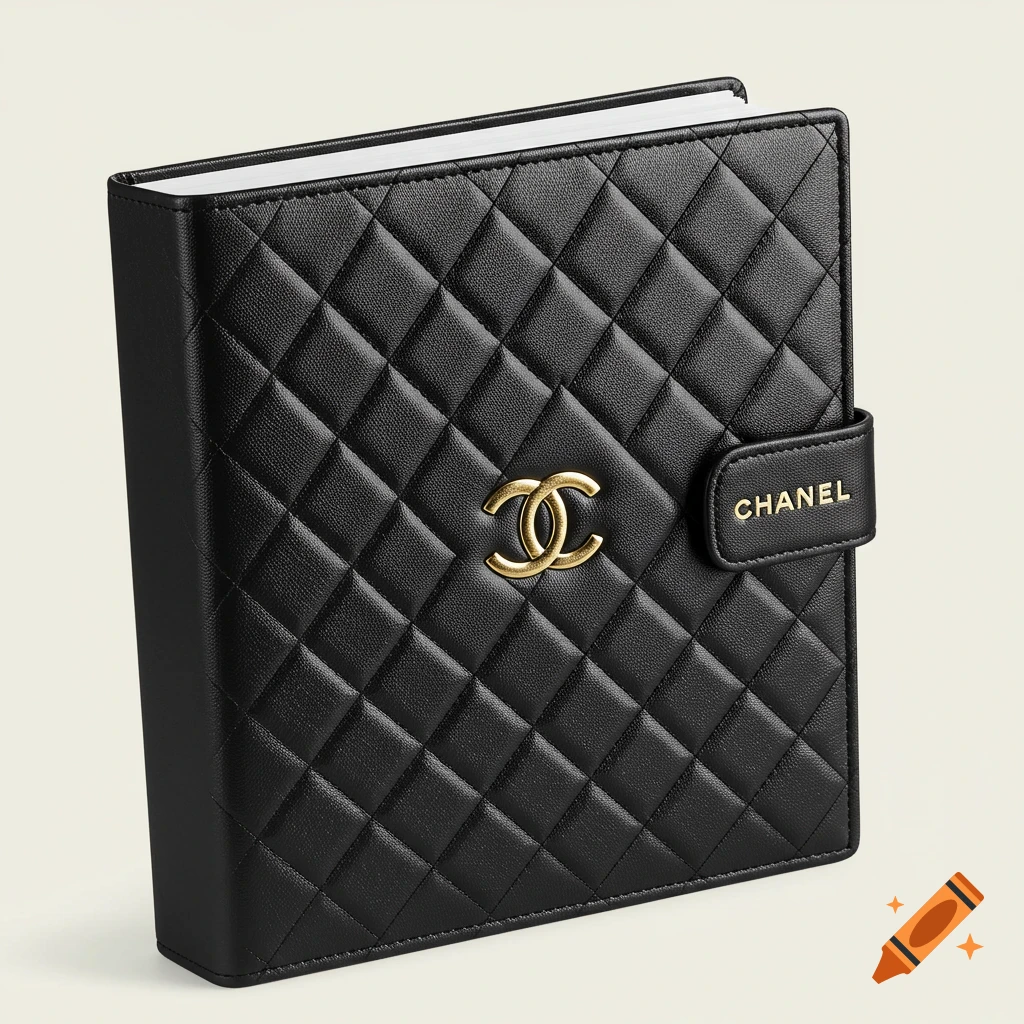 A black quilted binder with a gold Chanel CC logo and "CHANEL" text on a strap, set against a light background.