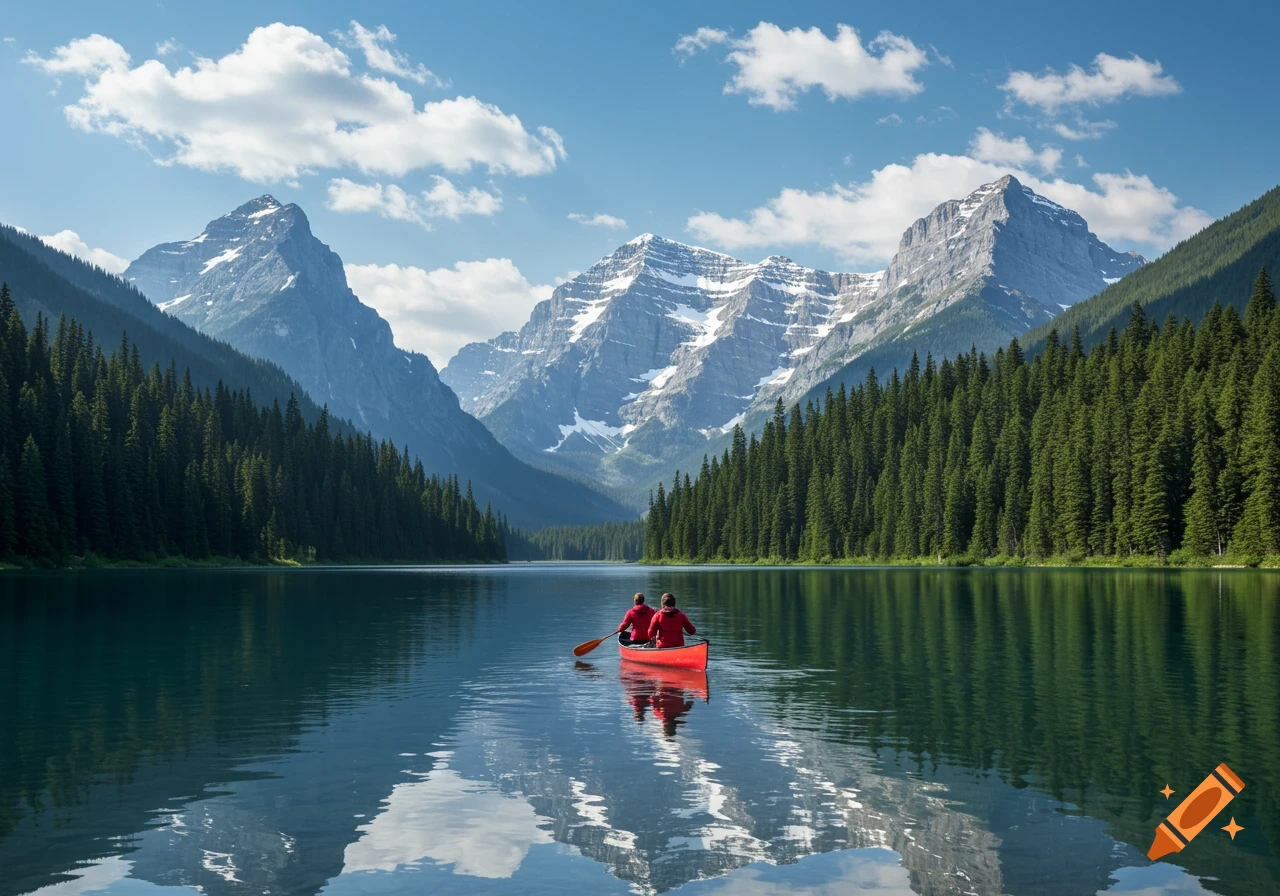 Two people in a red canoe paddle across a calm lake, reflecting snow-capped mountains and a pine forest under a blue sky.