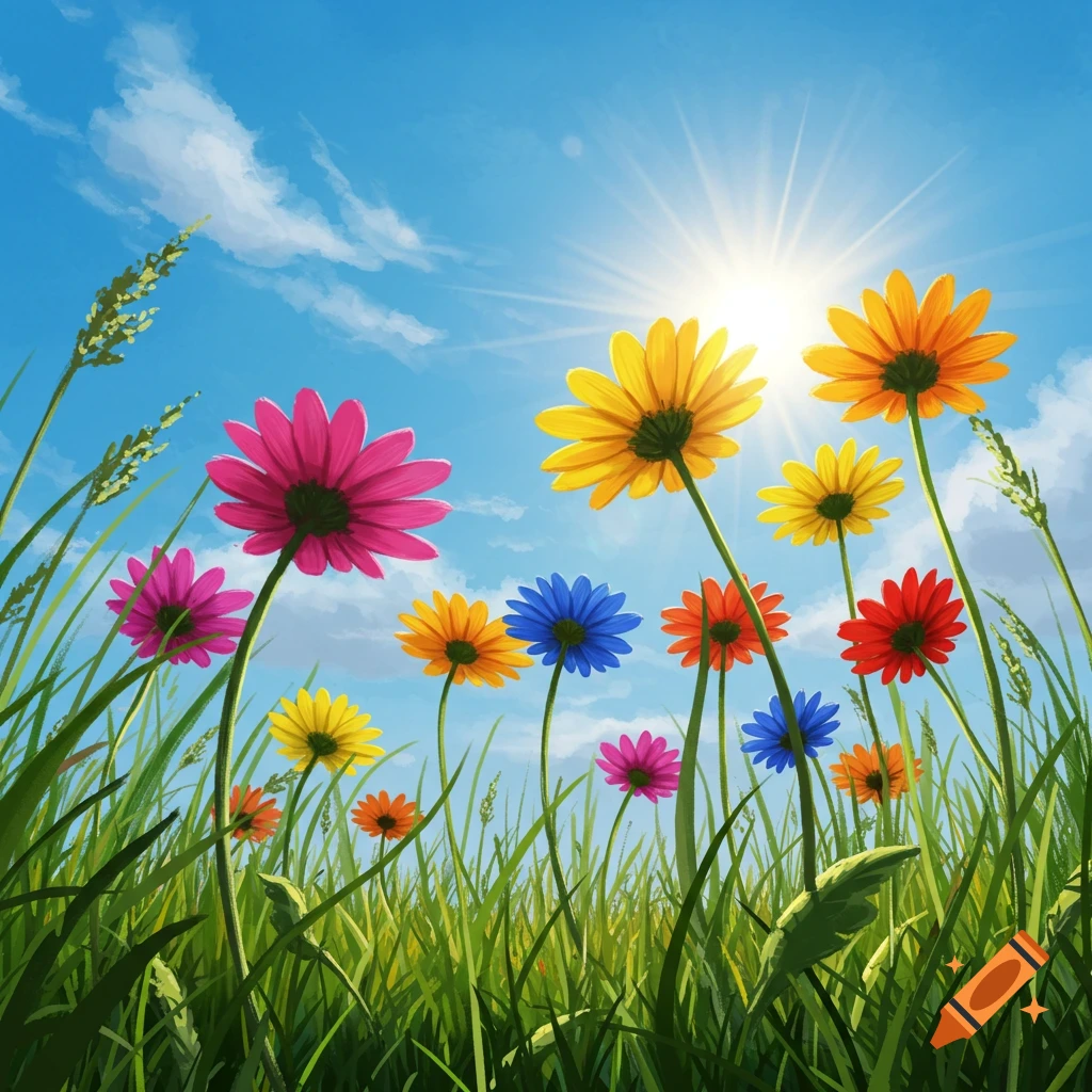 A vibrant field of colorful daisies reaching towards a bright sun in a blue sky.