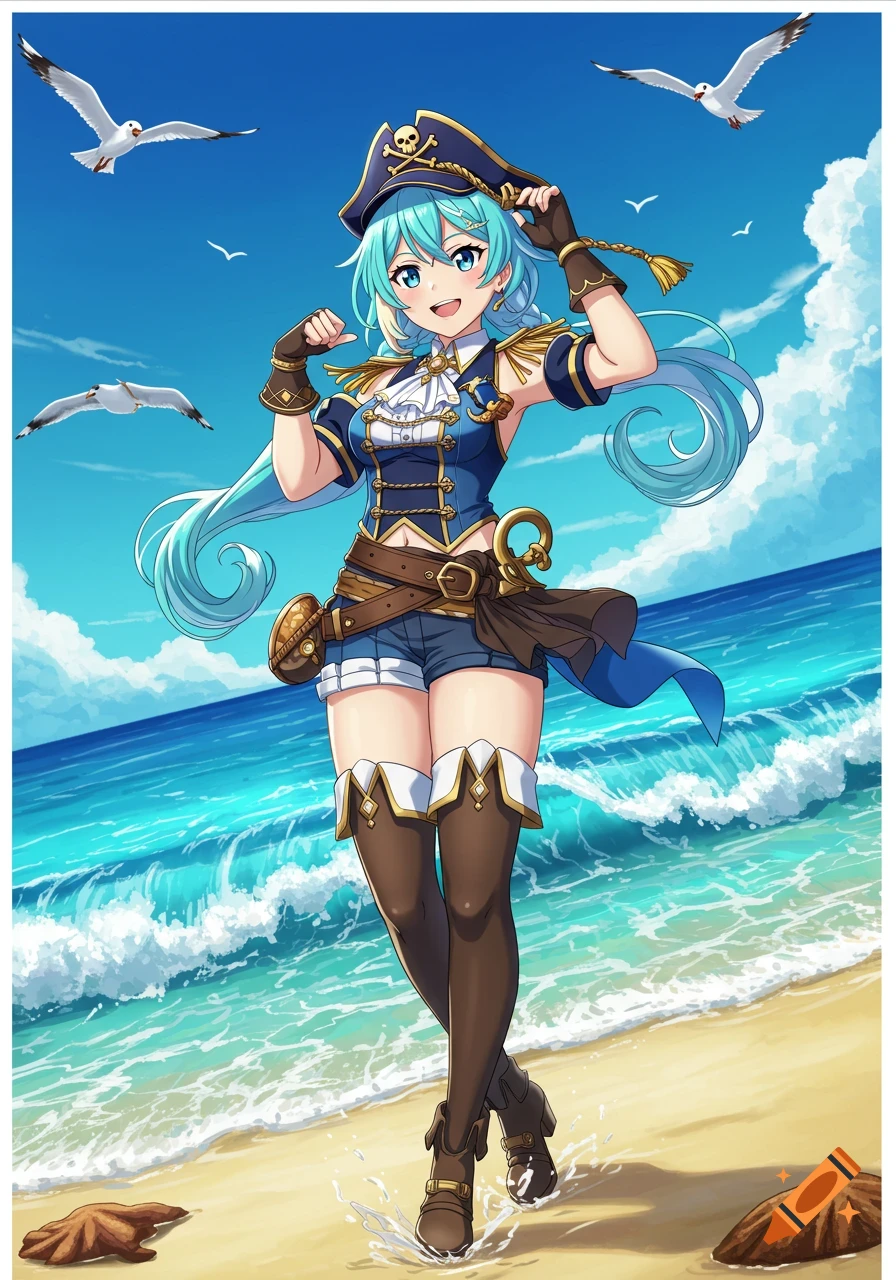 An anime girl with blue hair in a pirate costume stands on a sunny beach with seagulls flying above.
