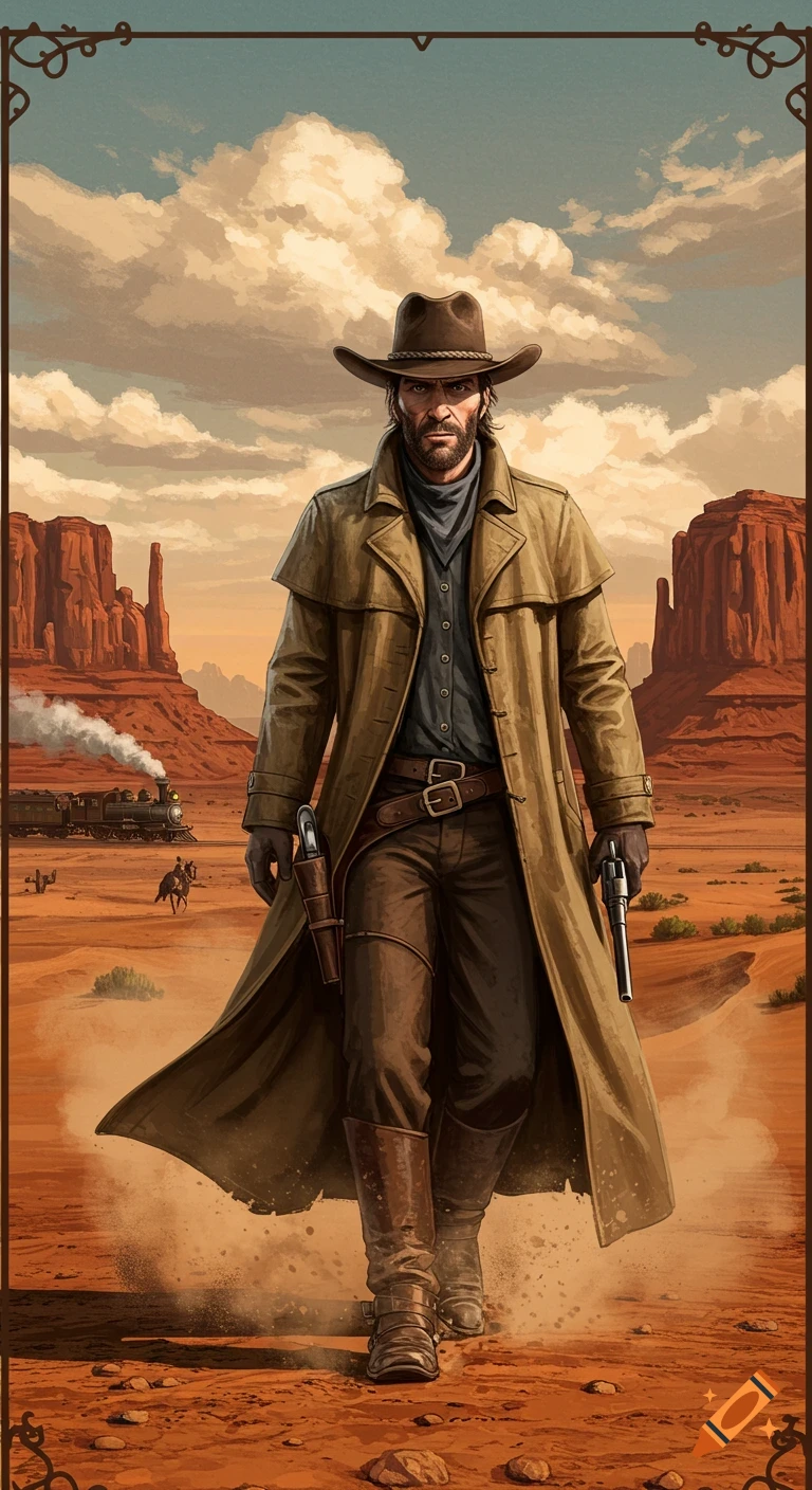 A male cowboy in a duster coat walks across a dusty desert with mesas, a steam train, and a lone rider in the background, in a painted style.