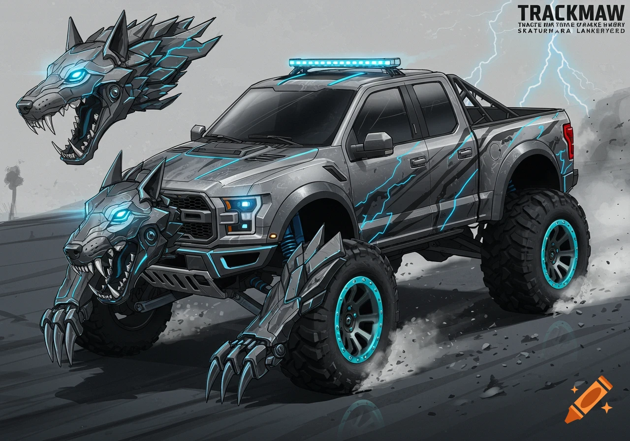 A highly detailed concept art illustration of a grey Ford F-150 Raptor monster truck transformed into a biomechanical wolf, featuring blue glowing accents, large tires, and a snarling wolf head with claws.