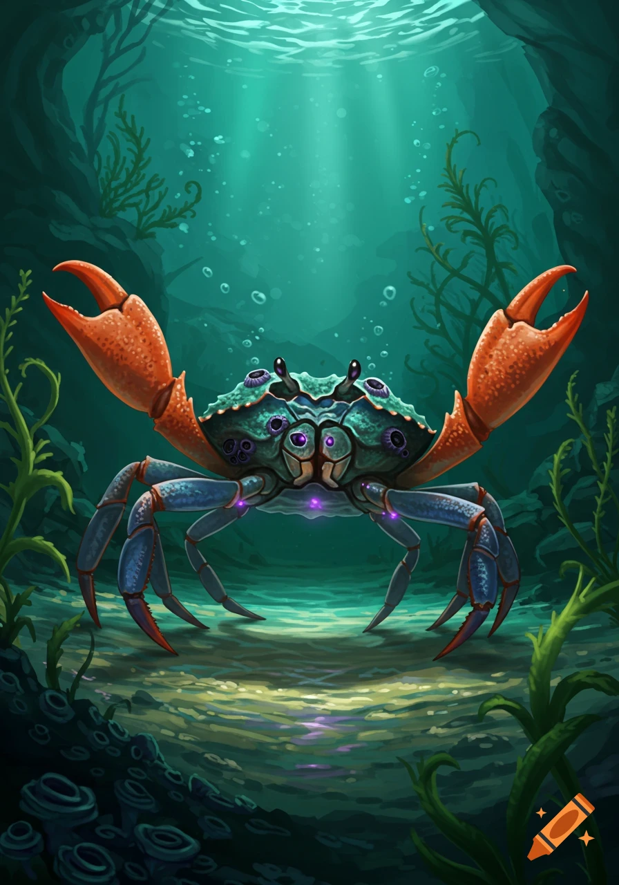 A vibrant teal blue crab with large orange claws and glowing purple crevices in a detailed underwater scene with light rays, in a Dungeons and Dragons art style.