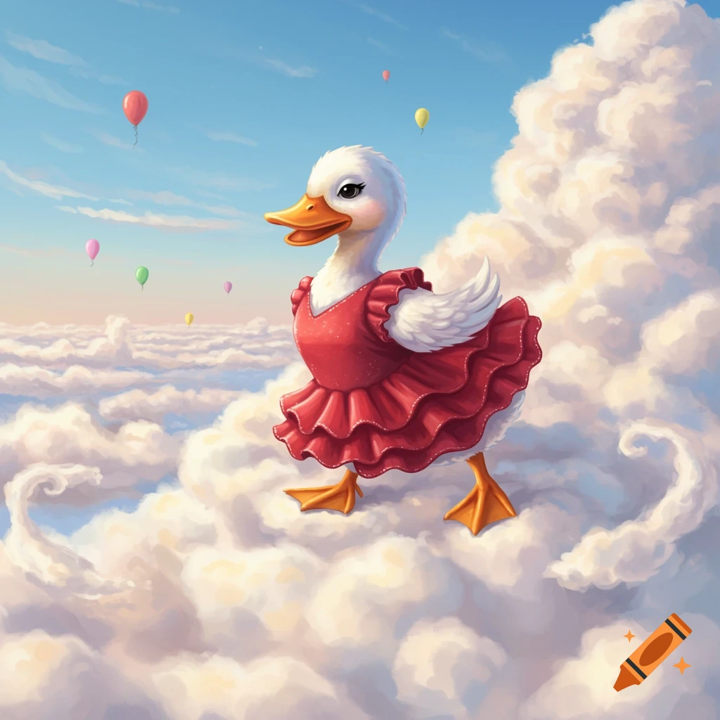 A white duck wearing a red ruffled dress walks on clouds in a blue sky with colorful balloons.