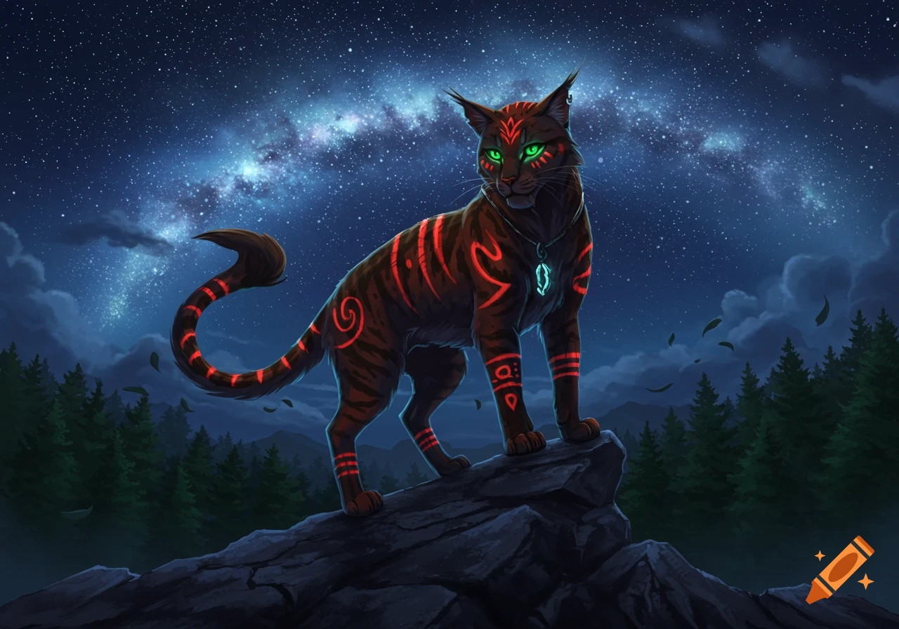 A fantasy black cat with glowing red tribal markings and green eyes stands on a rock under a starry night sky.