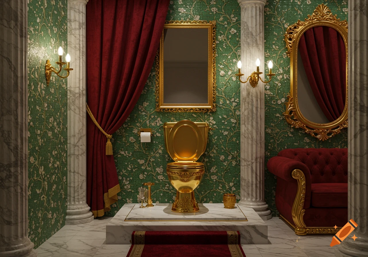 A luxurious bathroom featuring a golden toilet on a marble pedestal, green floral wallpaper, red velvet curtains, and ornate gold mirrors.