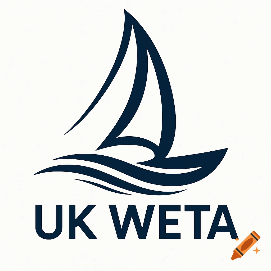 A dark blue stylized sailboat logo above the text UK WETA on a white background.