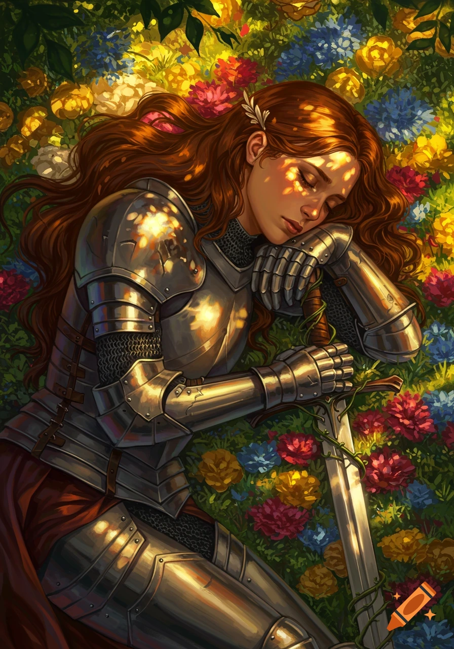 An illustration of a knight in armor sleeping in a vibrant field of colorful flowers with a sword beside her.