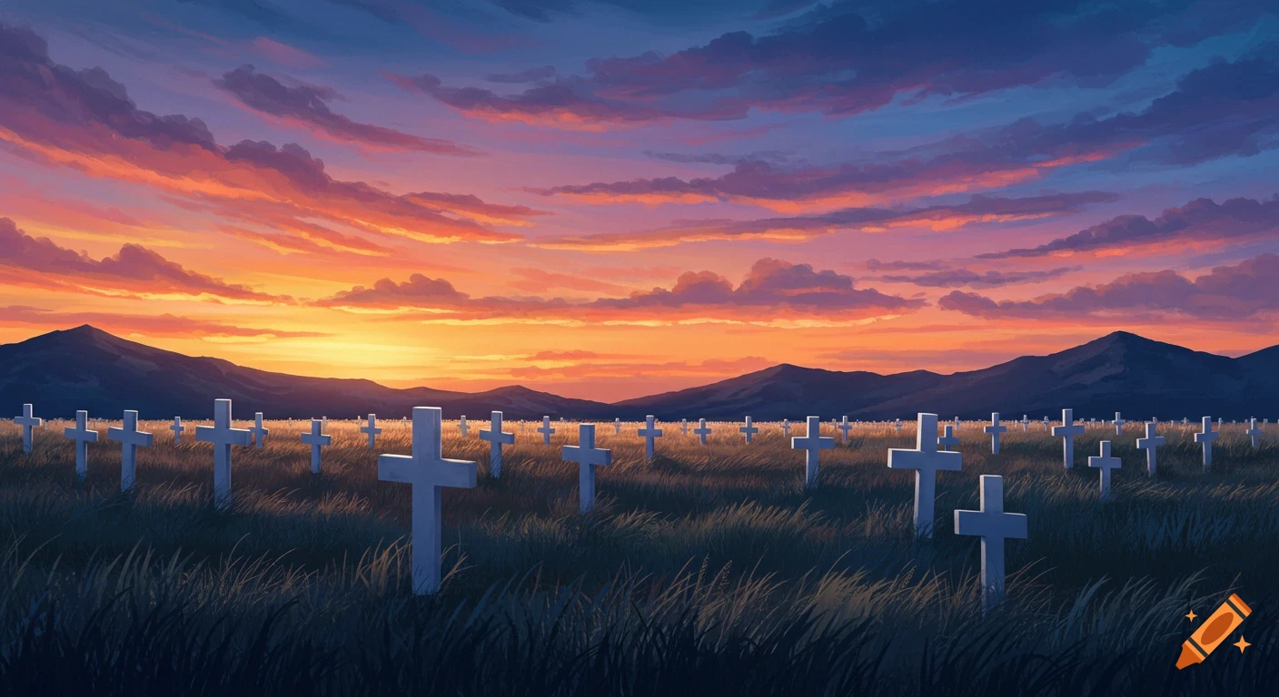A field of white crosses in tall grass under a vibrant sunset sky with mountains in the background, in an illustrative style.