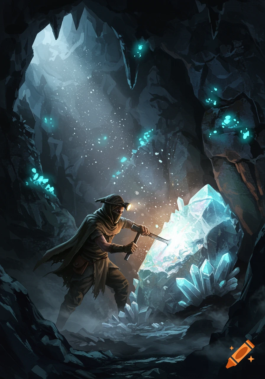 An enshrouded character mines glowing blue crystals in a dark, mysterious cave.
