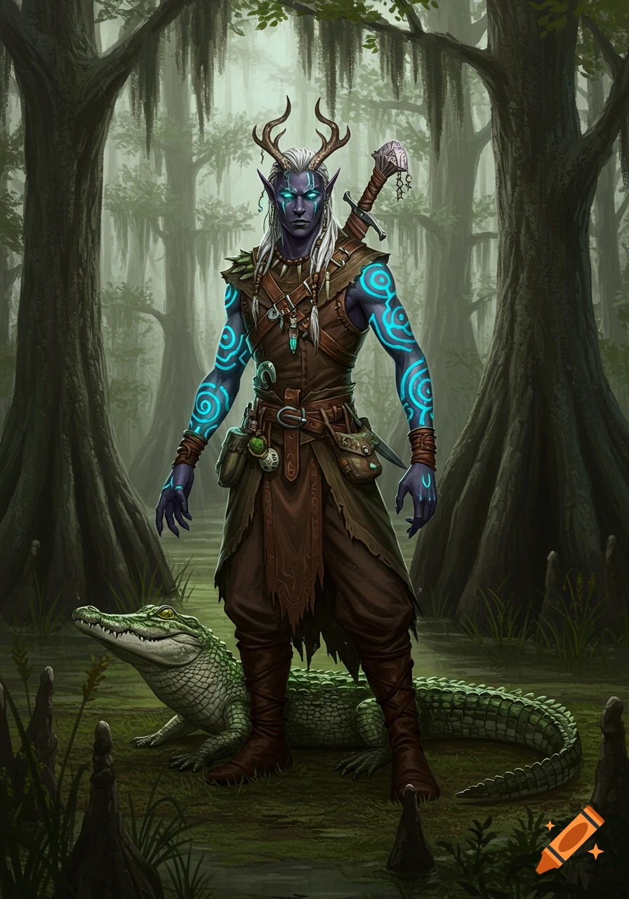 A dark elf character with glowing blue tattoos and antlers stands in a swamp next to a baby alligator, surrounded by cypress trees.
