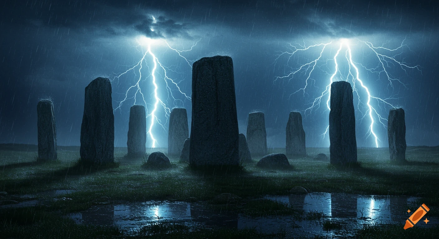 A stone circle at night during a violent thunderstorm with lightning and rain.