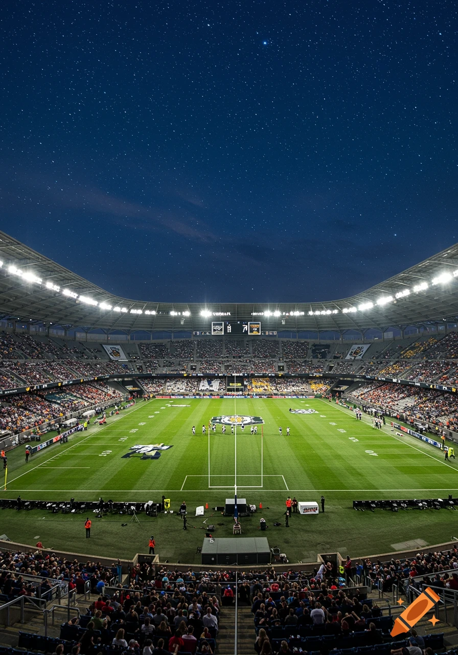 A wide shot of a brightly lit football stadium at night under a starry sky, with a game in progress on the field and a large crowd in the stands.