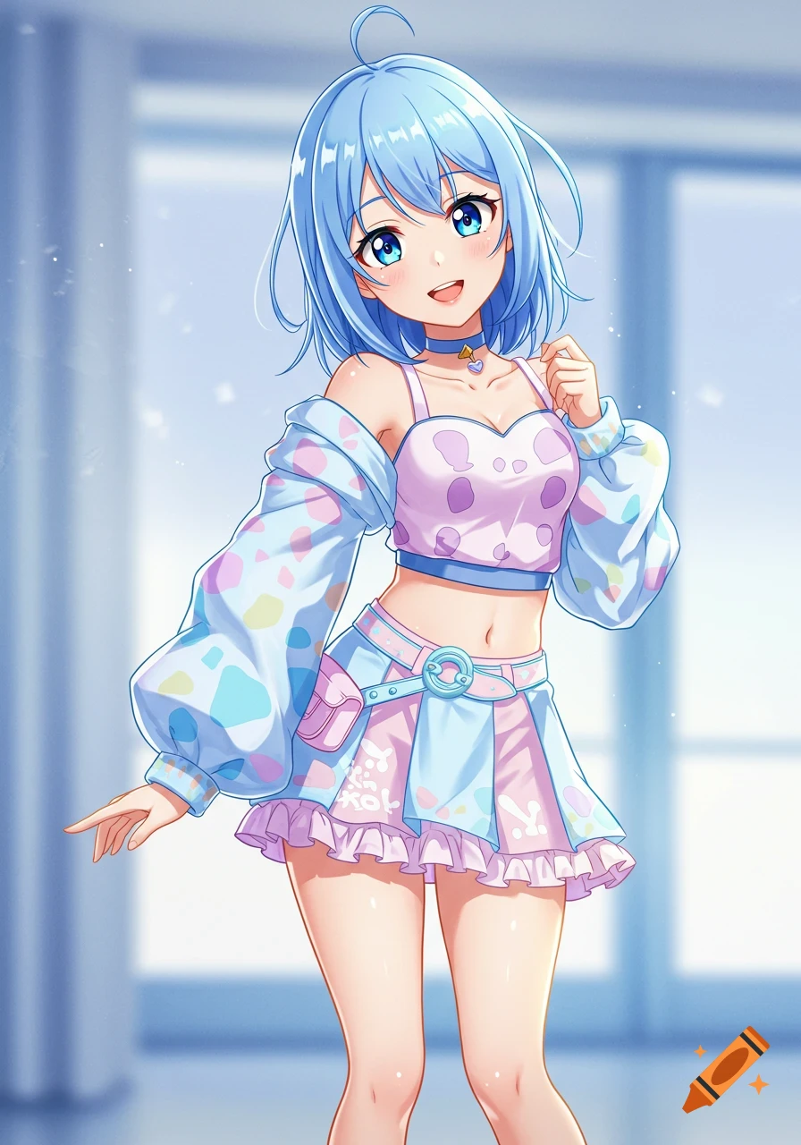 An anime girl with blue hair and blue eyes, smiling and standing in a colorful pastel outfit.