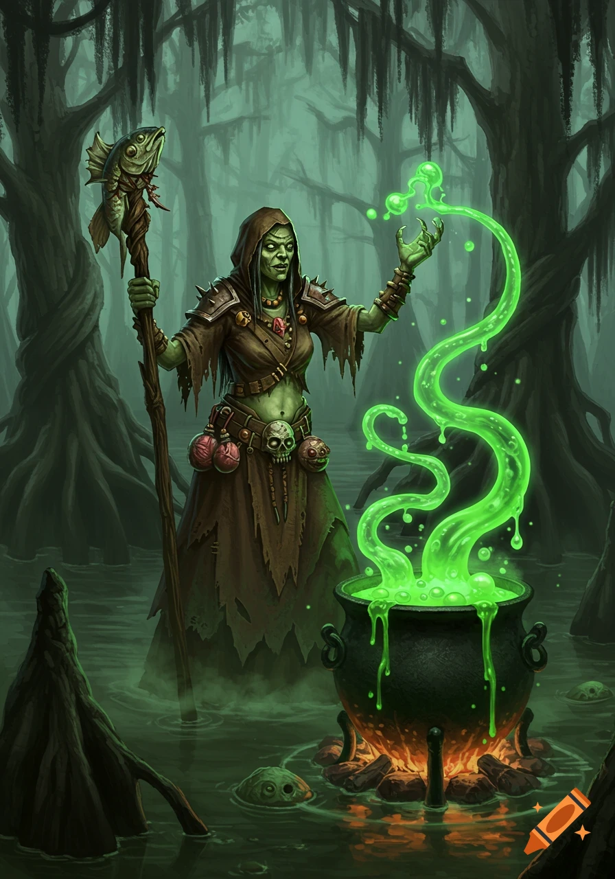 A green-skinned swamp hag performs a glowing green spell over a cauldron in a dark, murky swamp.