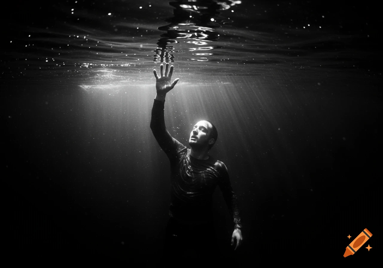 Black and white photo of a man underwater reaching for sunbeams on the surface.