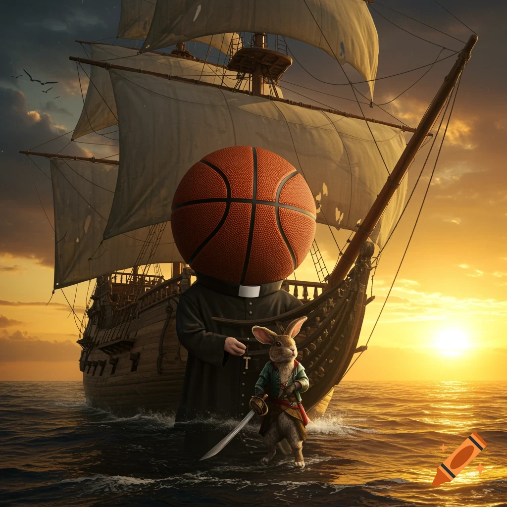 A basketball-headed pastor stands in water near a pirate ship at sunset, while a rabbit in a coat offers him a sword.