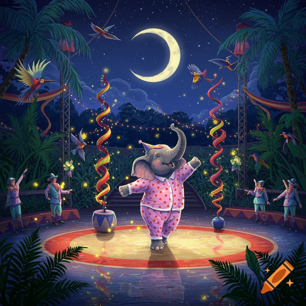 A cartoon elephant in pink polka dot pajamas and a party hat dances in a lit circus ring at night under a crescent moon, with palm trees and birds.
