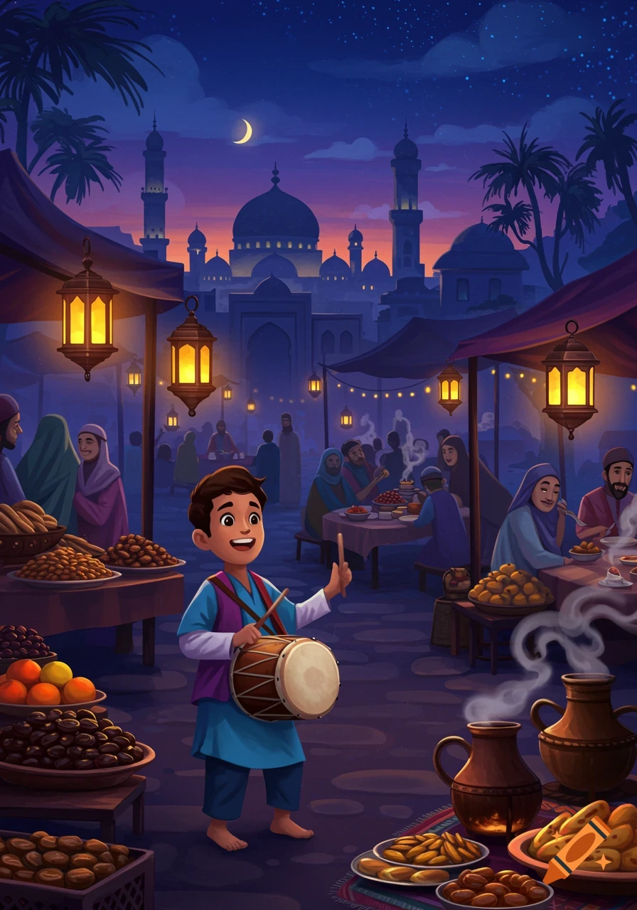 A smiling boy plays a drum in a bustling marketplace at night with people, food stalls, and a mosque under a starry sky.
