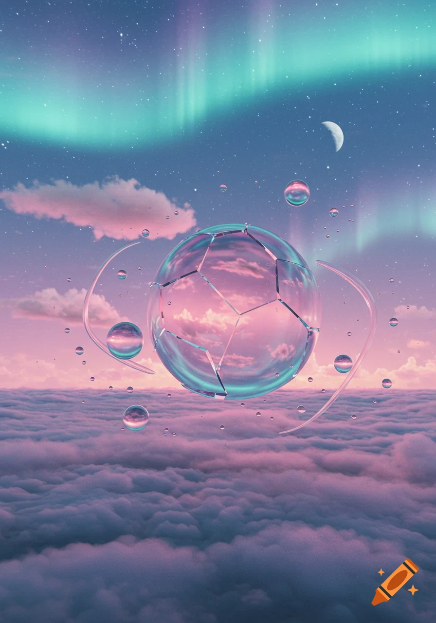 A dreamlike ethereal scene with a large faceted bubble floating above pink and purple clouds under a starry sky with a moon and aurora borealis.