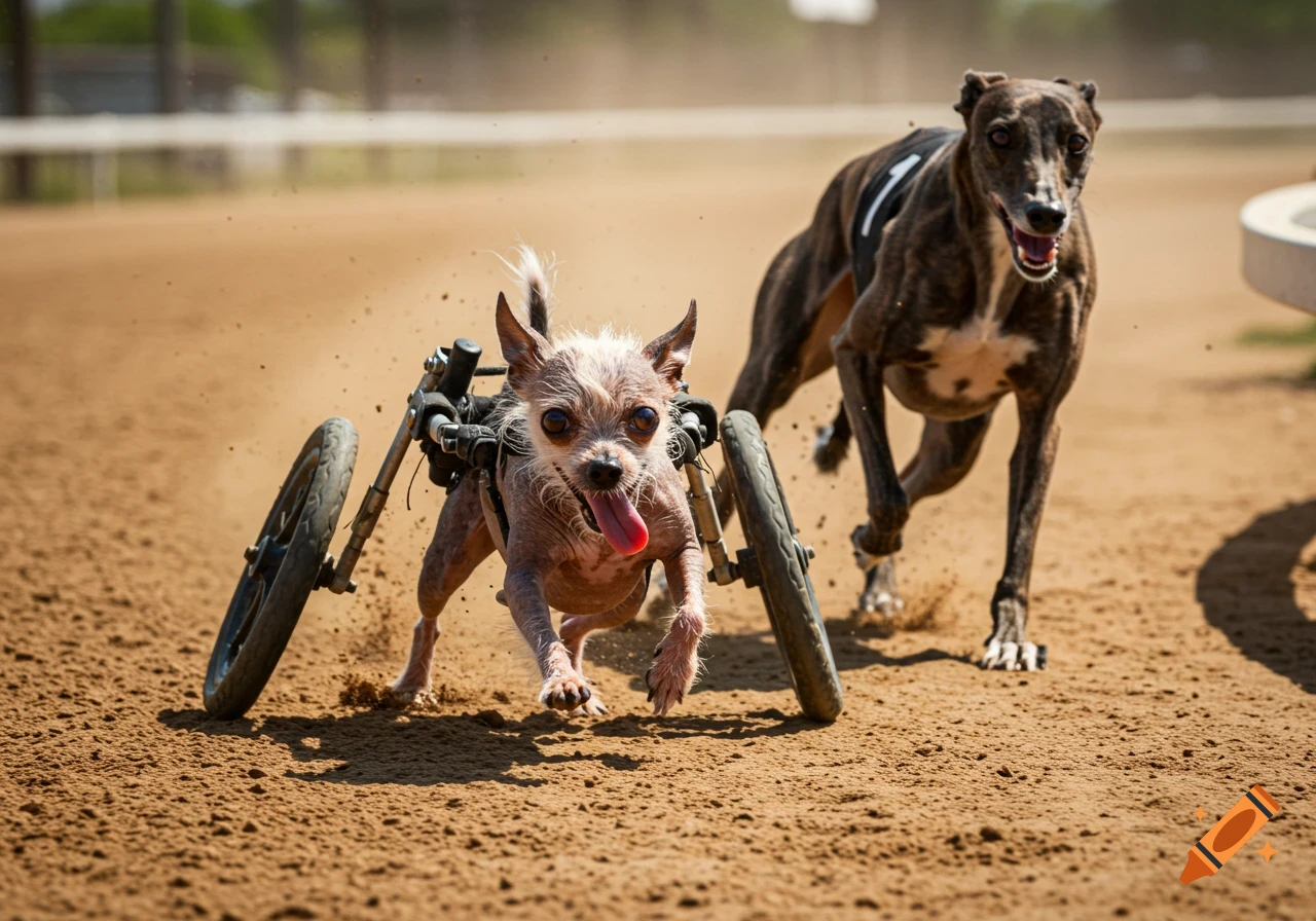 A scruffy hairless chihuahua dog in a wheelchair races a greyhound dog on a dirt track, kicked-up dust visible.